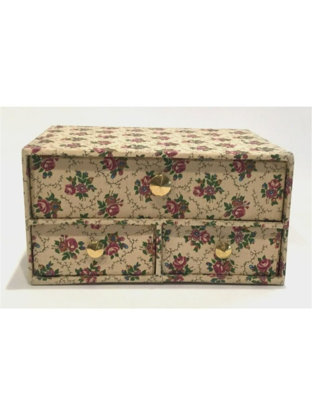 Vintage floral fabric covered jewelry / Stationary box with 3 drawers